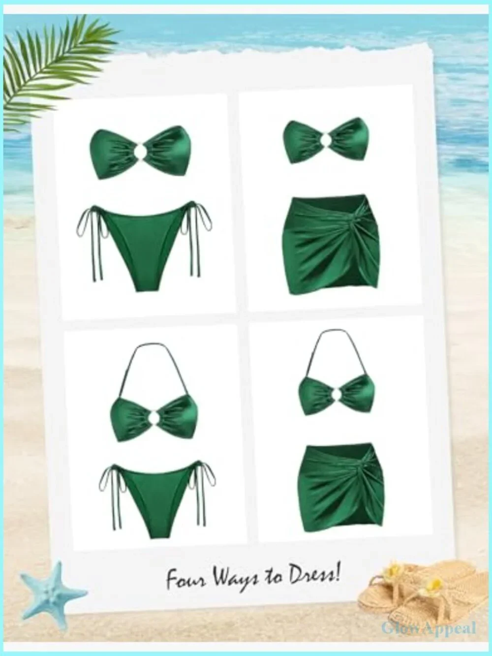 3 Piece Swim Set Ruched Velvet Bikini Sarong Coverup High Cut